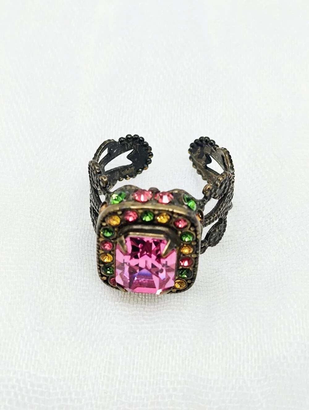 Sorrelli Juicy Fruit Statement Vintage Adjustable Ring Pink Green Stones